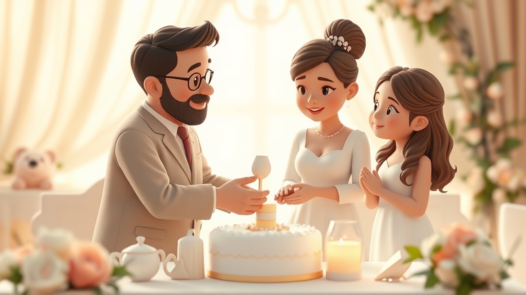 Ilustrație editorială 3D despre cum împarți sarcinile botezului între părinți, nași și familie