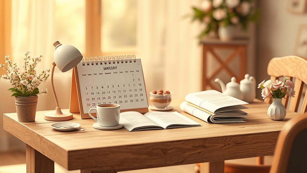 Ilustrație cu calendar, listă de verificare și fundă de botez pe o masă luminoasă, sugerând planificarea evenimentului.