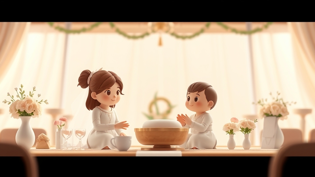 Ilustrație editorială 3D despre tradiții de botez explicate simplu pentru părinți și nași: pași simpli